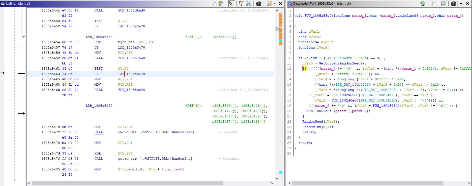 Decompiled client.dll file, with assembly code on the left and corresponding C function on the right. No variable/function names have been preserved.